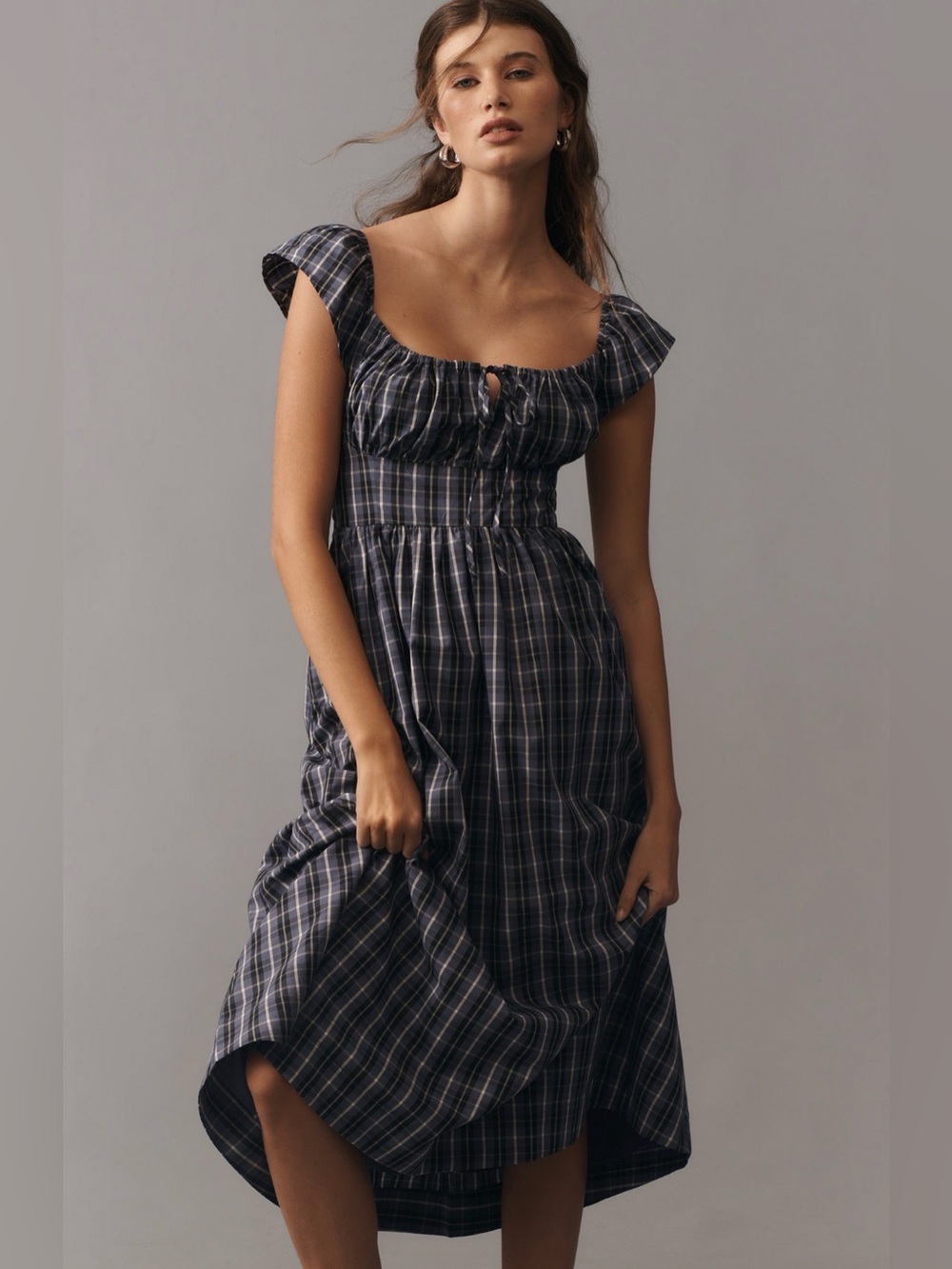 Flutter-Sleeve Square-Neck Plaid Midi Dress